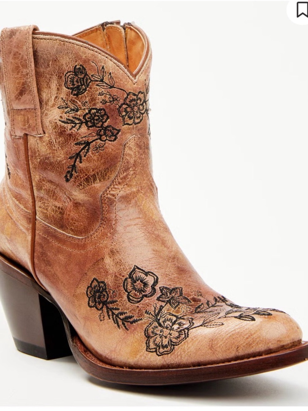 Shyanne Distressed Tan Leather Western Ankle Boot with Black Floral Embroidery